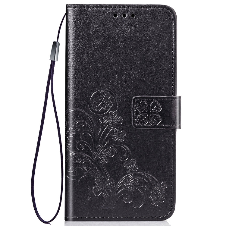 For iPhone 11 Four-leaf Clasp Embossed Buckle Mobile Phone Protection Leather Case with Lanyard & Card Slot & Wallet & Bracket Function