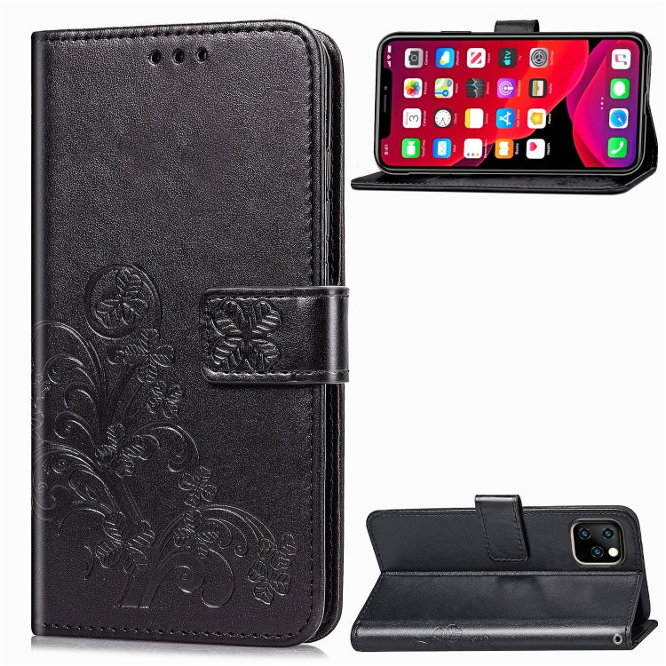 For iPhone 11 Four-leaf Clasp Embossed Buckle Mobile Phone Protection Leather Case with Lanyard & Card Slot & Wallet & Bracket Function