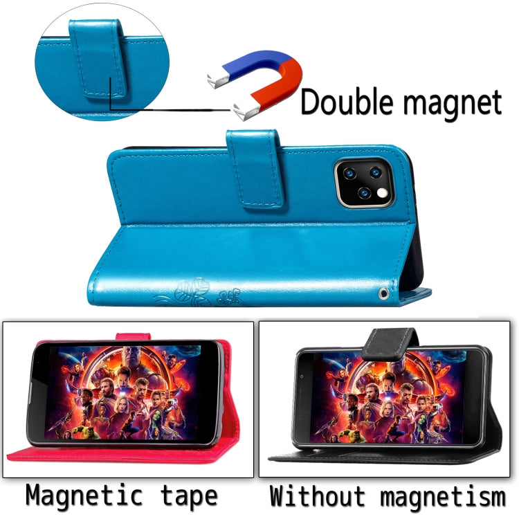 For iPhone 11 Four-leaf Clasp Embossed Buckle Mobile Phone Protection Leather Case with Lanyard & Card Slot & Wallet & Bracket Function