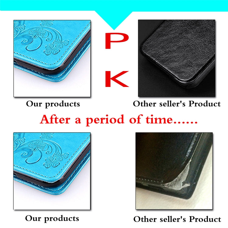 For iPhone 11 Four-leaf Clasp Embossed Buckle Mobile Phone Protection Leather Case with Lanyard & Card Slot & Wallet & Bracket Function