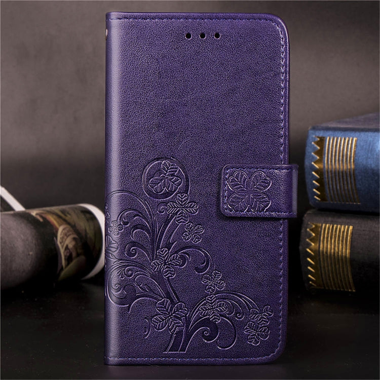 For iPhone 11 Four-leaf Clasp Embossed Buckle Mobile Phone Protection Leather Case with Lanyard & Card Slot & Wallet & Bracket Function