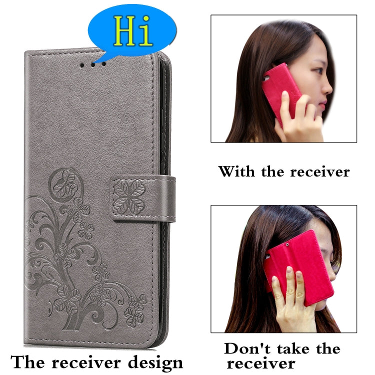 For iPhone 11 Four-leaf Clasp Embossed Buckle Mobile Phone Protection Leather Case with Lanyard & Card Slot & Wallet & Bracket Function