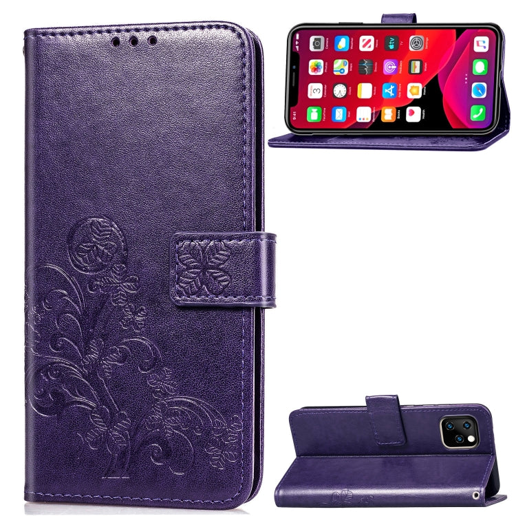 For iPhone 11 Four-leaf Clasp Embossed Buckle Mobile Phone Protection Leather Case with Lanyard & Card Slot & Wallet & Bracket Function