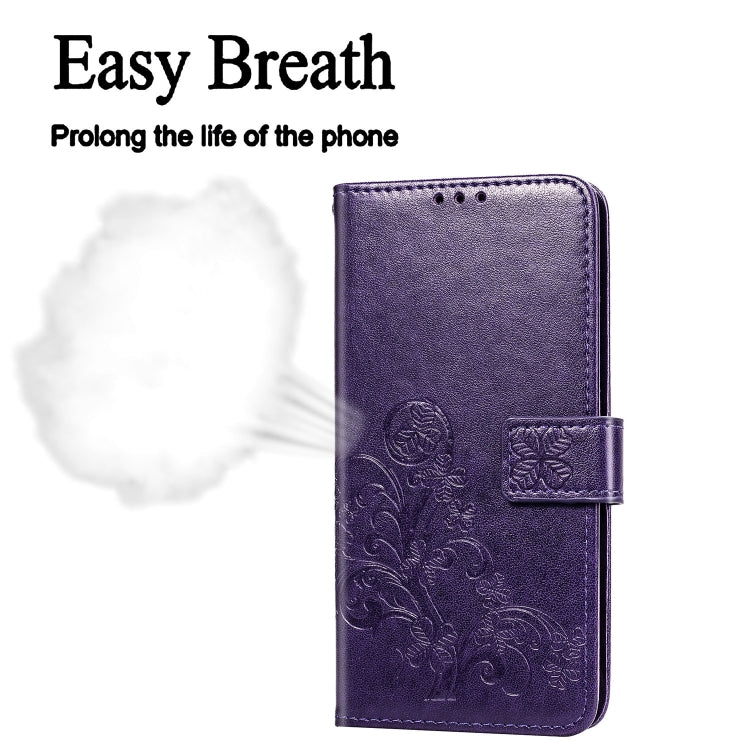 For iPhone 11 Four-leaf Clasp Embossed Buckle Mobile Phone Protection Leather Case with Lanyard & Card Slot & Wallet & Bracket Function