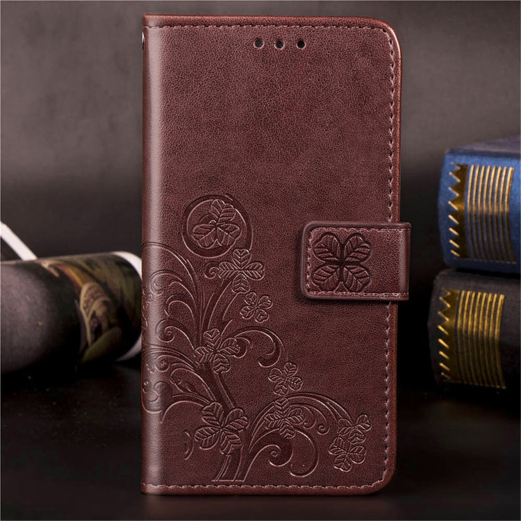 For iPhone 11 Four-leaf Clasp Embossed Buckle Mobile Phone Protection Leather Case with Lanyard & Card Slot & Wallet & Bracket Function