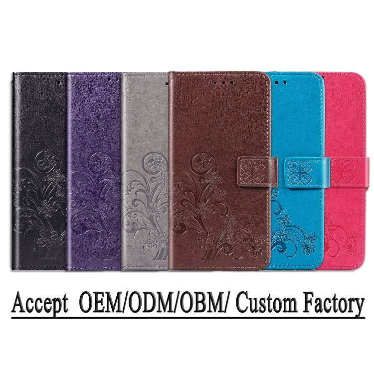 For iPhone 11 Four-leaf Clasp Embossed Buckle Mobile Phone Protection Leather Case with Lanyard & Card Slot & Wallet & Bracket Function