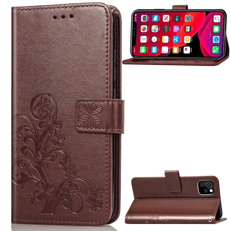 For iPhone 11 Four-leaf Clasp Embossed Buckle Mobile Phone Protection Leather Case with Lanyard & Card Slot & Wallet & Bracket Function