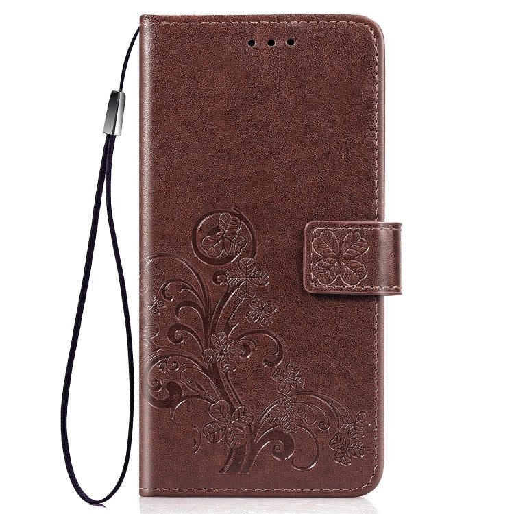 For iPhone 11 Four-leaf Clasp Embossed Buckle Mobile Phone Protection Leather Case with Lanyard & Card Slot & Wallet & Bracket Function