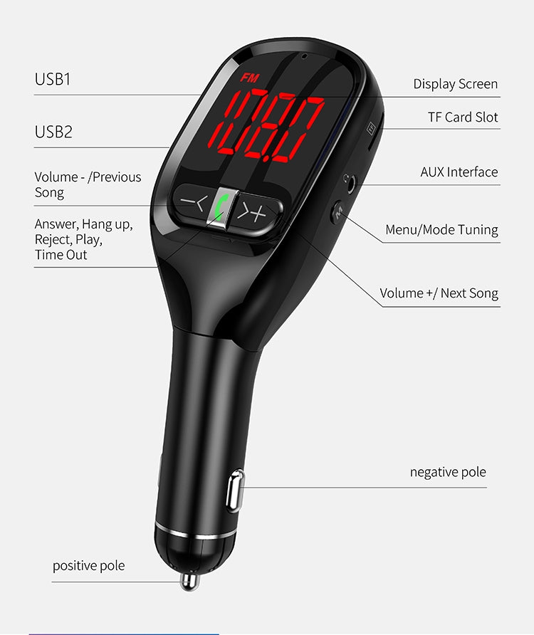 New FM Transmitter Car Charger Car Bluetooth Mp3 Player Black