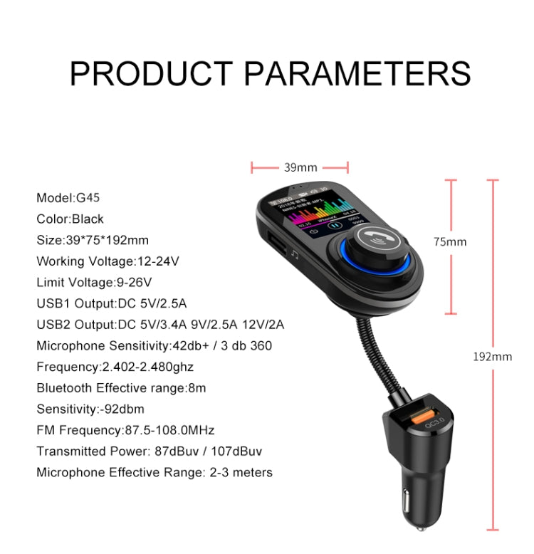 G45 Color Screen Car Bluetooth MP3 Player Car Charger FM Transmitter Phone Speakerphone(Black)