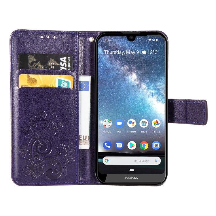Four-leaf Clasp Embossed Buckle Mobile Phone Protection Leather Case with Lanyard & Card Slot & Wallet & Bracket Function for Nokia 2.2