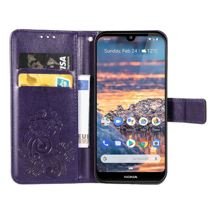 Four-leaf Clasp Embossed Buckle Mobile Phone Protection Leather Case with Lanyard & Card Slot & Wallet & Bracket Function for Nokia 4.4