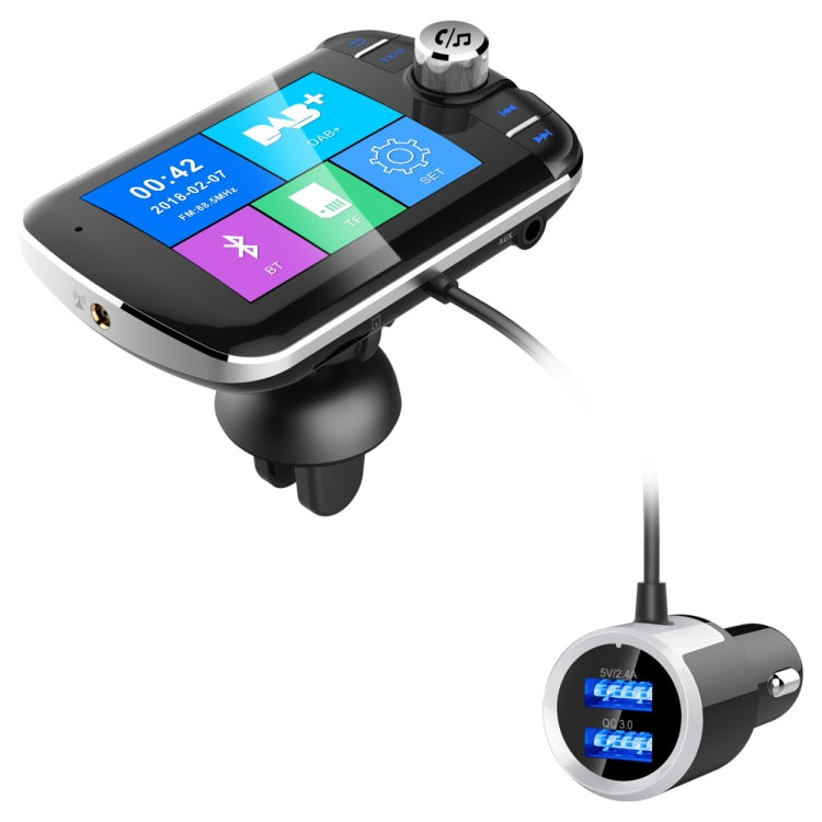 DAB004 Color Screen Car Quick Charge DAB Digital Broadcast Receiver Plug Card MP3 Bluetooth Hands-Free FM Transmission(Black)