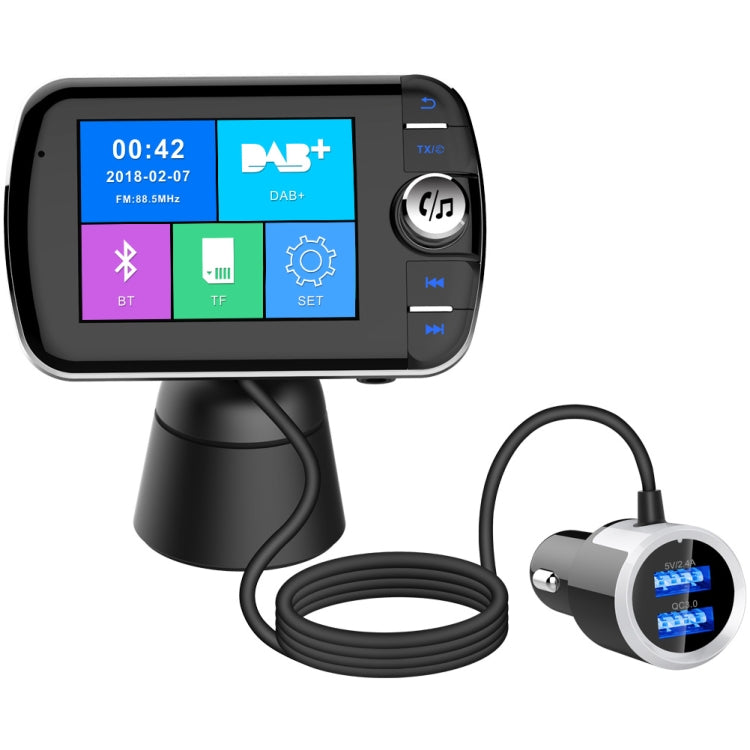 DAB004 Color Screen Car Quick Charge DAB Digital Broadcast Receiver Plug Card MP3 Bluetooth Hands-Free FM Transmission(Black)