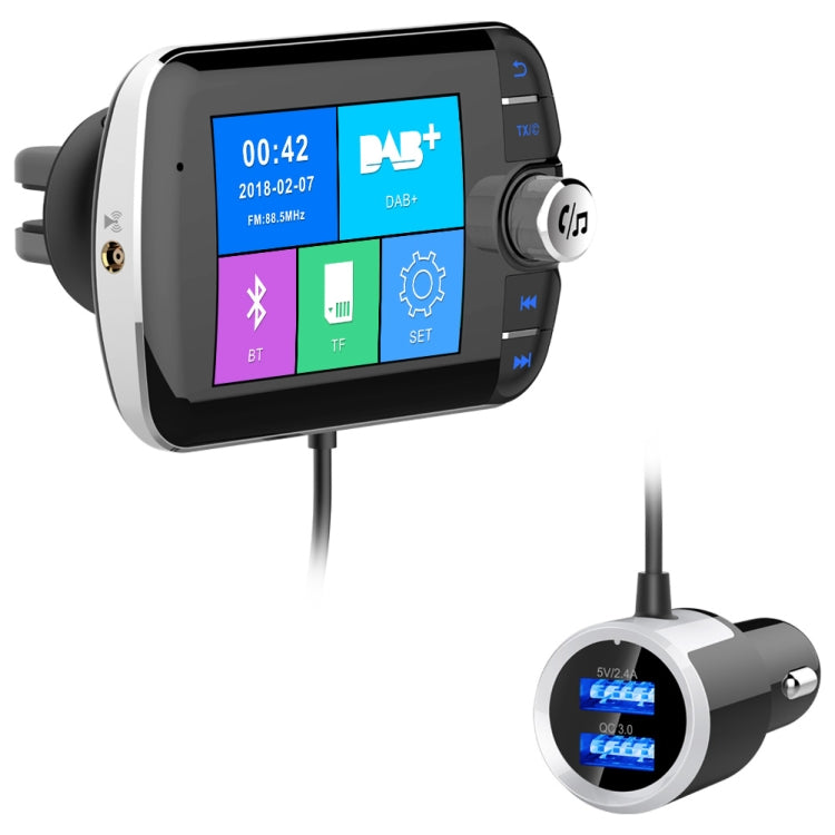 DAB004 Color Screen Car Quick Charge DAB Digital Broadcast Receiver Plug Card MP3 Bluetooth Hands-Free FM Transmission(Black)