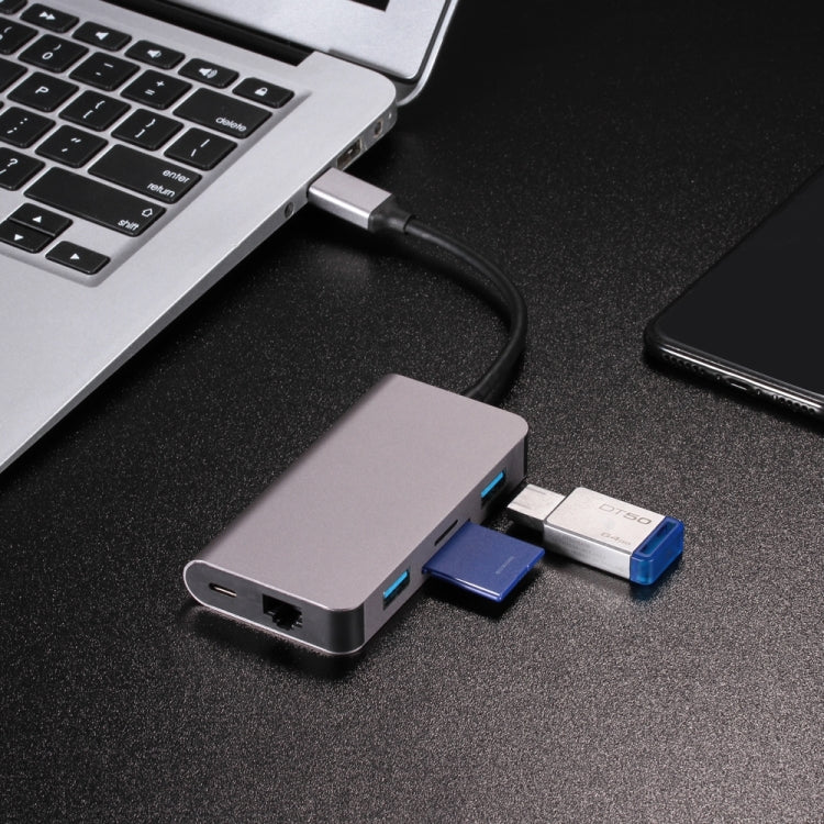 6 in 1 Type C USB 3.0 Hubs Type-C to 2xUSB3.0 RJ45 SD TF Card PD Charging Port Adapter Cable Converter for Laptop Macbook