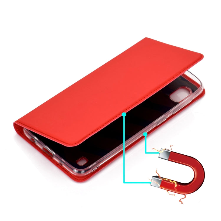 Electric Pressed Plain Texture Ultra-thin Magnetic Suction TPU + PU Leather Case with Holder & Card Slot for Galaxy A10