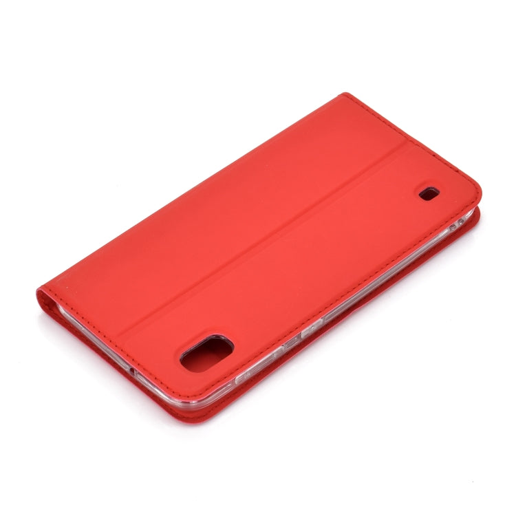 Electric Pressed Plain Texture Ultra-thin Magnetic Suction TPU + PU Leather Case with Holder & Card Slot for Galaxy A10