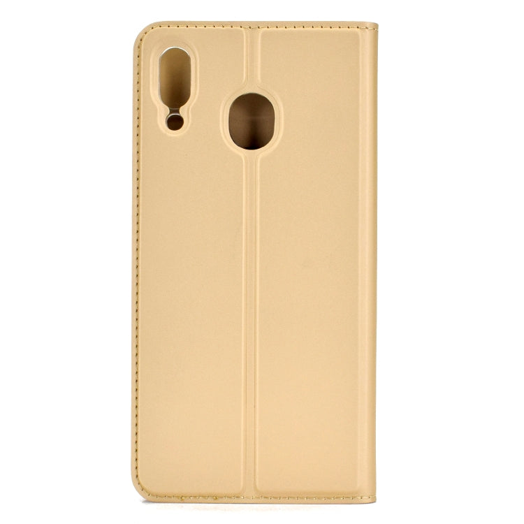 Electric Pressed Plain Texture Ultra-thin Magnetic Suction TPU + PU Leather Case with Holder & Card Slot for Galaxy M20