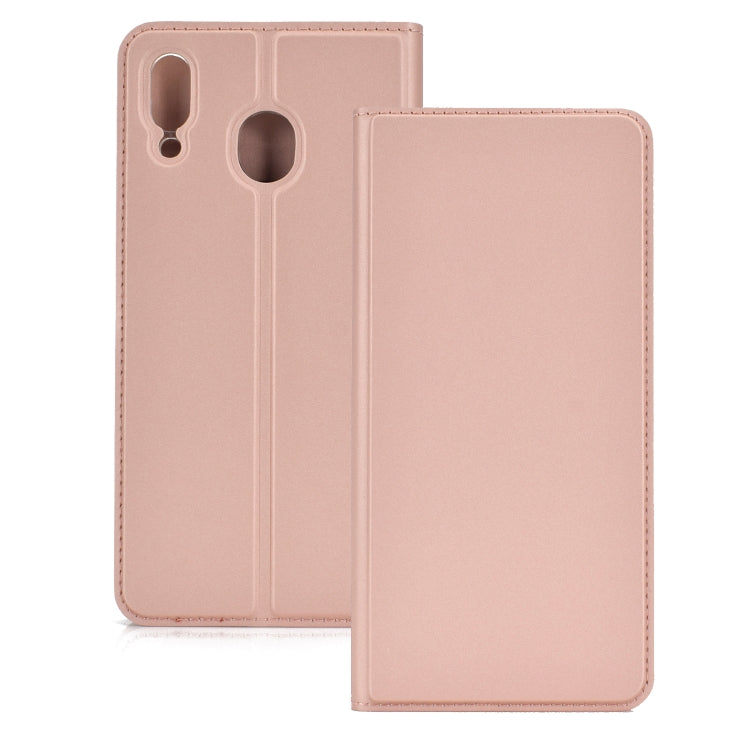 Electric Pressed Plain Texture Ultra-thin Magnetic Suction TPU + PU Leather Case with Holder & Card Slot for Galaxy M20