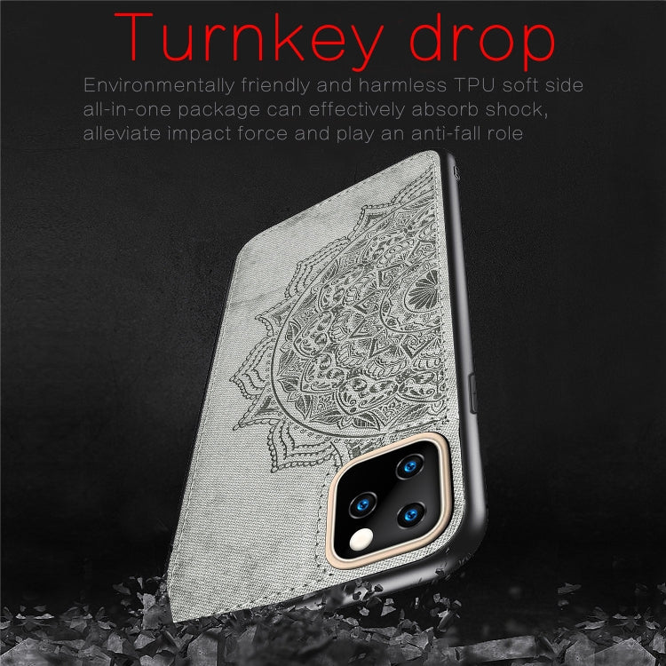 For iPhone 11 Pro Max Embossed Mandala pattern PC + TPU + Fabric Phone Case, with Lanyard & Magnetic