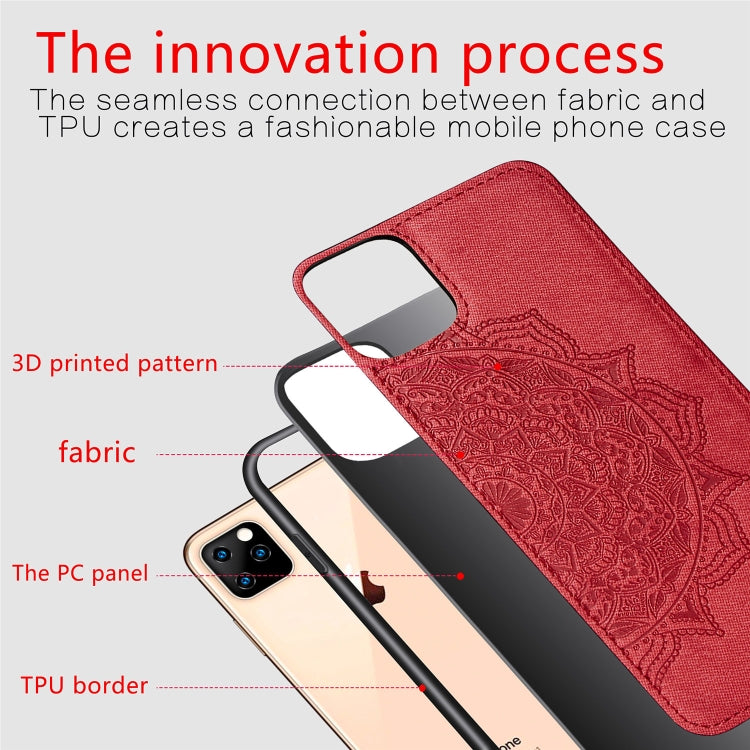 For iPhone 11 Pro Max Embossed Mandala pattern PC + TPU + Fabric Phone Case, with Lanyard & Magnetic