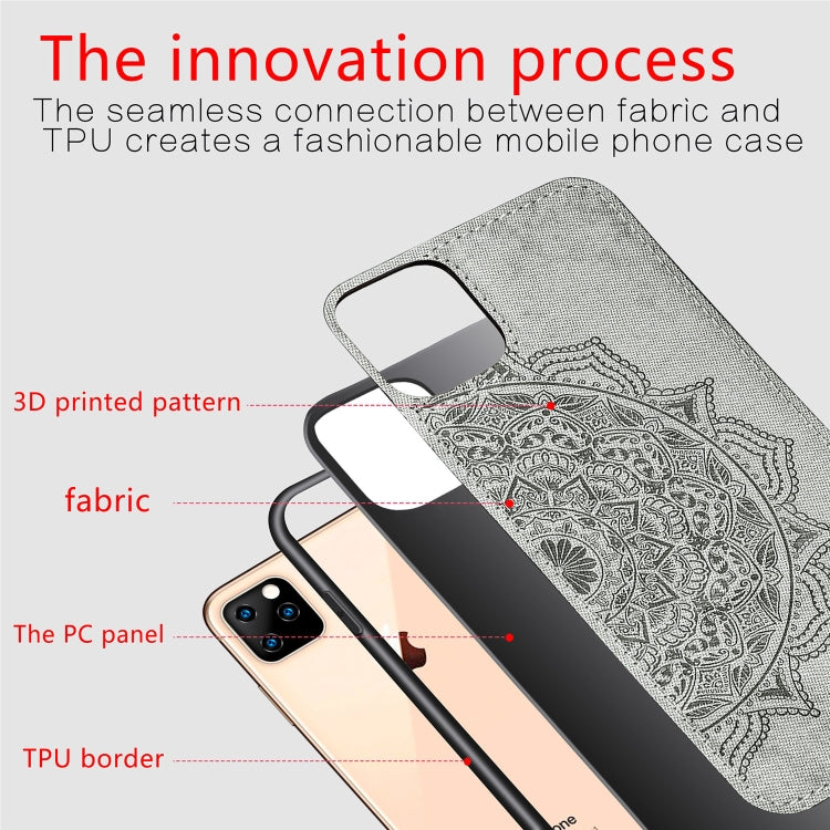 For iPhone 11 Pro Max Embossed Mandala pattern PC + TPU + Fabric Phone Case, with Lanyard & Magnetic