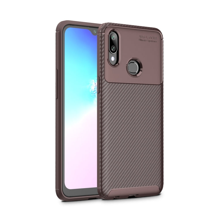 Beetle Series Carbon Fiber Texture Shockproof TPU Case for Galaxy A10s(Brown)