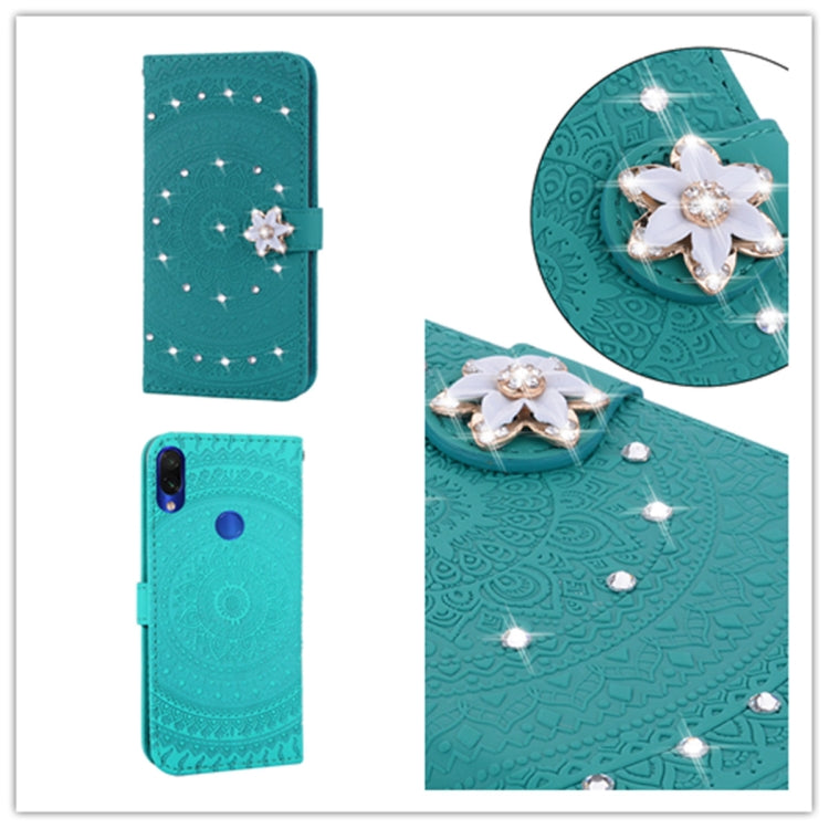 For Xiaomi Redmi Note 7 Pressed Printing Sticking Drill Pattern Horizontal Flip PU Leather Case with Holder & Card Slots & Wallet & & Lanyard