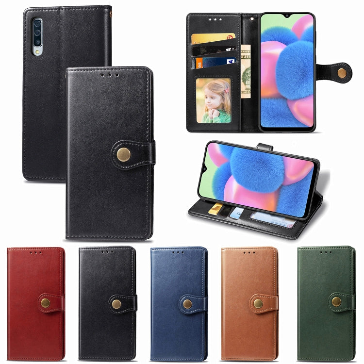 For Galaxy A30S Retro Solid Color Leather Buckle Phone Case with Lanyard & Photo Frame & Card Slot & Wallet & Stand Function