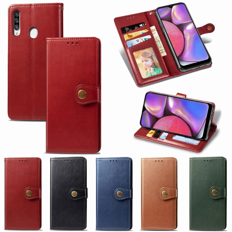 For Galaxy A20S Retro Solid Color Leather Buckle Phone Case with Lanyard & Photo Frame & Card Slot & Wallet & Stand Function