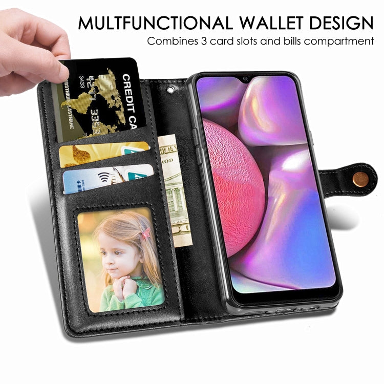 For Galaxy A20S Retro Solid Color Leather Buckle Phone Case with Lanyard & Photo Frame & Card Slot & Wallet & Stand Function