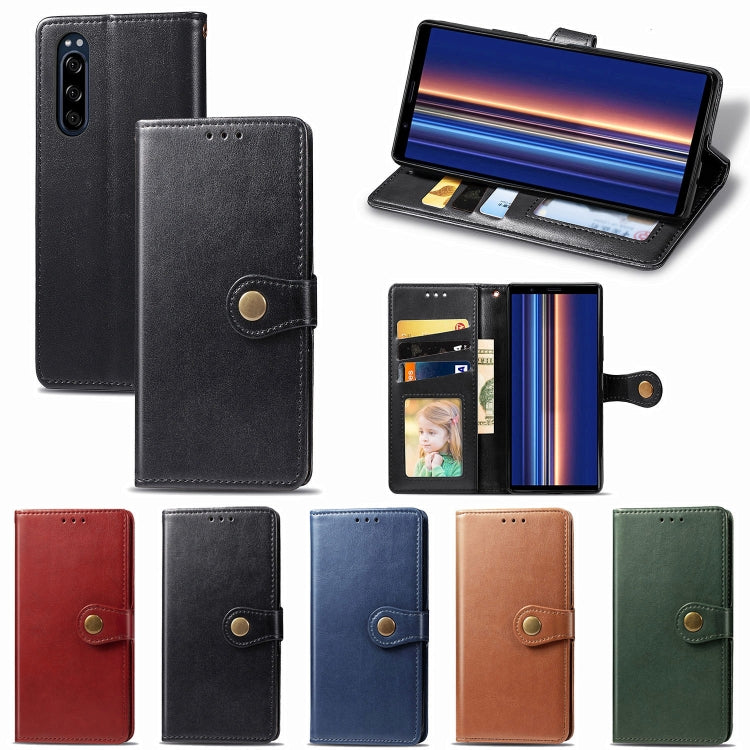 For Sony Xperia 5 Retro Solid Color Leather Buckle Phone Case with Lanyard & Photo Frame & Card Slot & Wallet & Stand Function