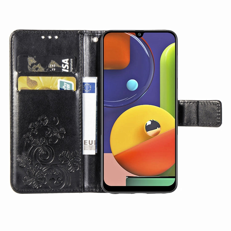 For Galaxy A50S Four-leaf Clasp Embossed Buckle Mobile Phone Protection Leather Case with Lanyard & Card Slot & Wallet & Bracket Function