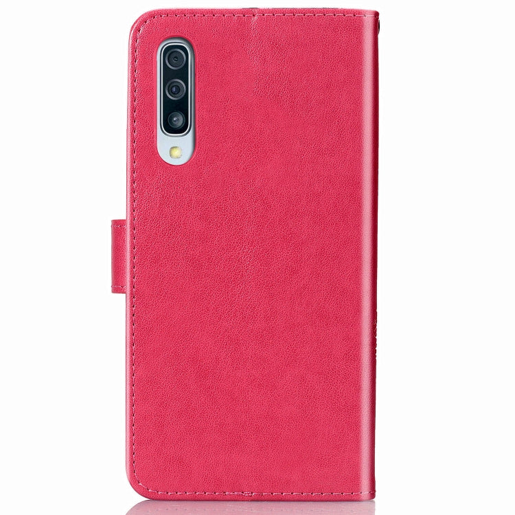 For Galaxy A50S Four-leaf Clasp Embossed Buckle Mobile Phone Protection Leather Case with Lanyard & Card Slot & Wallet & Bracket Function