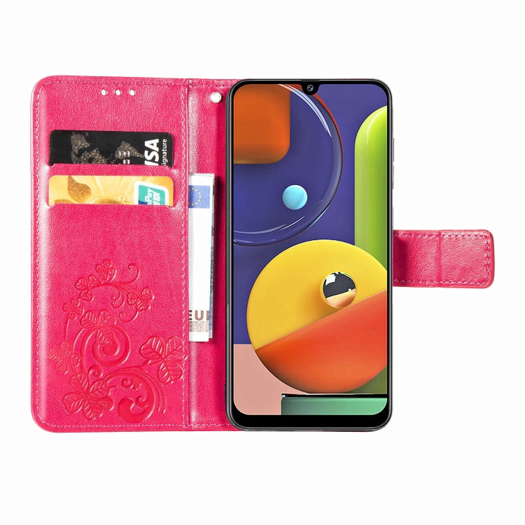 For Galaxy A50S Four-leaf Clasp Embossed Buckle Mobile Phone Protection Leather Case with Lanyard & Card Slot & Wallet & Bracket Function