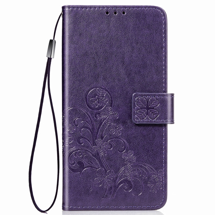 For Galaxy A50S Four-leaf Clasp Embossed Buckle Mobile Phone Protection Leather Case with Lanyard & Card Slot & Wallet & Bracket Function