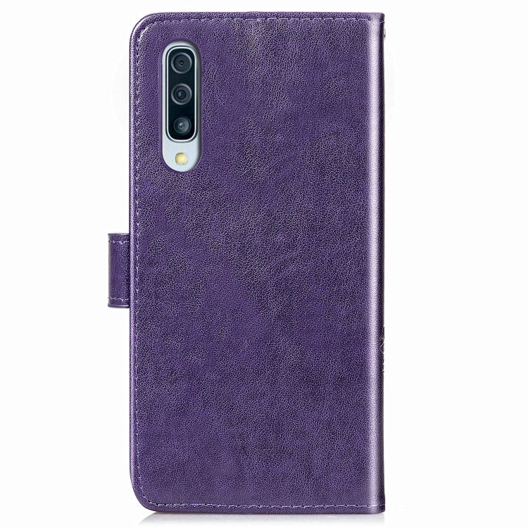 For Galaxy A50S Four-leaf Clasp Embossed Buckle Mobile Phone Protection Leather Case with Lanyard & Card Slot & Wallet & Bracket Function