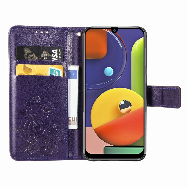 For Galaxy A50S Four-leaf Clasp Embossed Buckle Mobile Phone Protection Leather Case with Lanyard & Card Slot & Wallet & Bracket Function