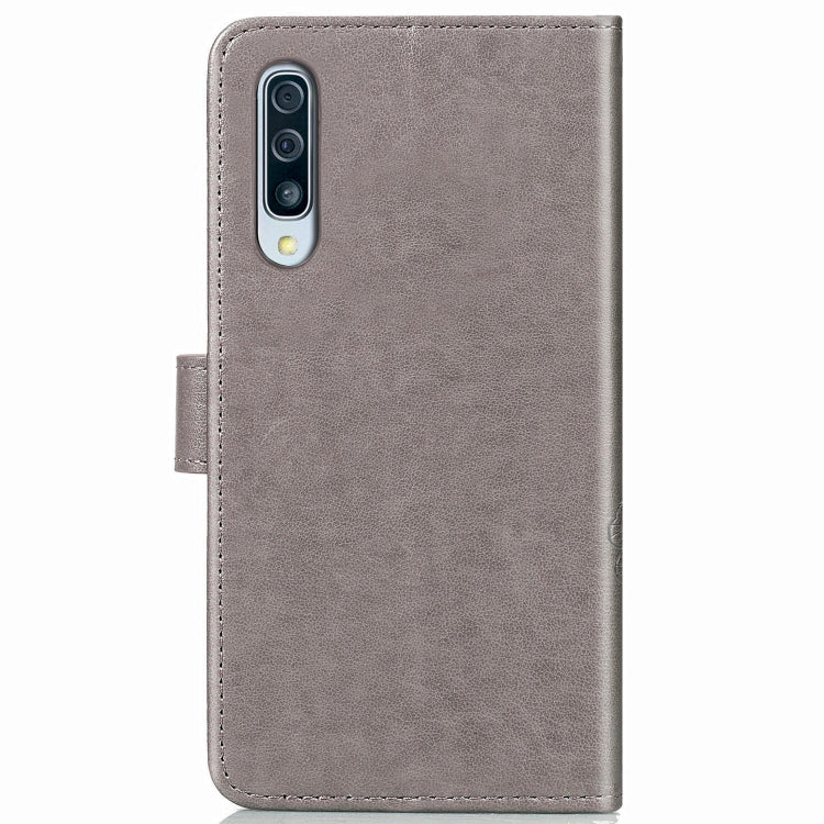 For Galaxy A50S Four-leaf Clasp Embossed Buckle Mobile Phone Protection Leather Case with Lanyard & Card Slot & Wallet & Bracket Function