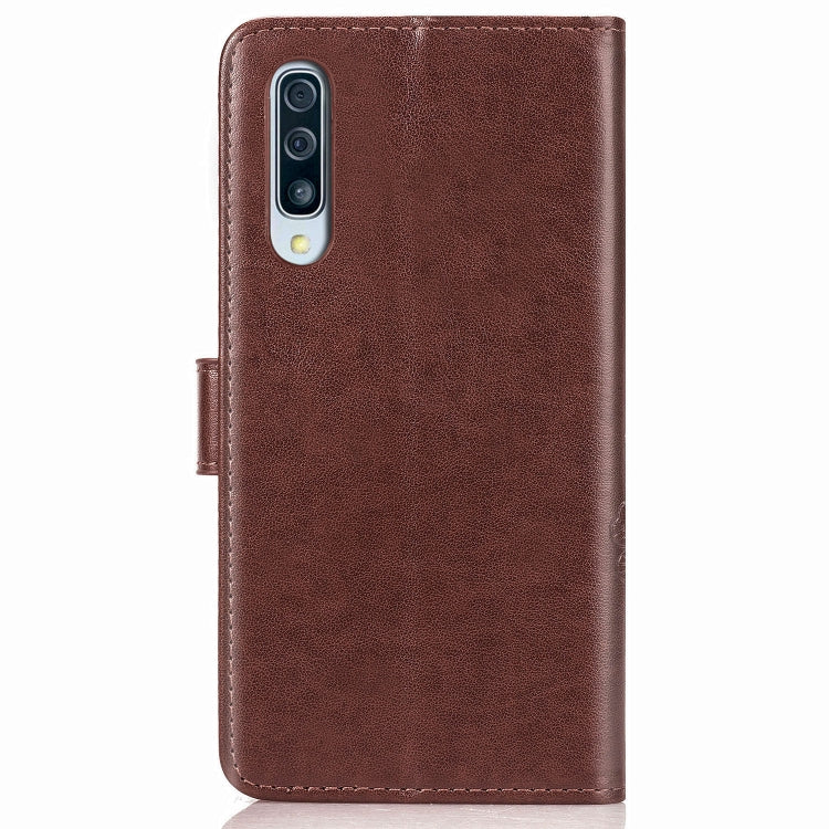 For Galaxy A50S Four-leaf Clasp Embossed Buckle Mobile Phone Protection Leather Case with Lanyard & Card Slot & Wallet & Bracket Function