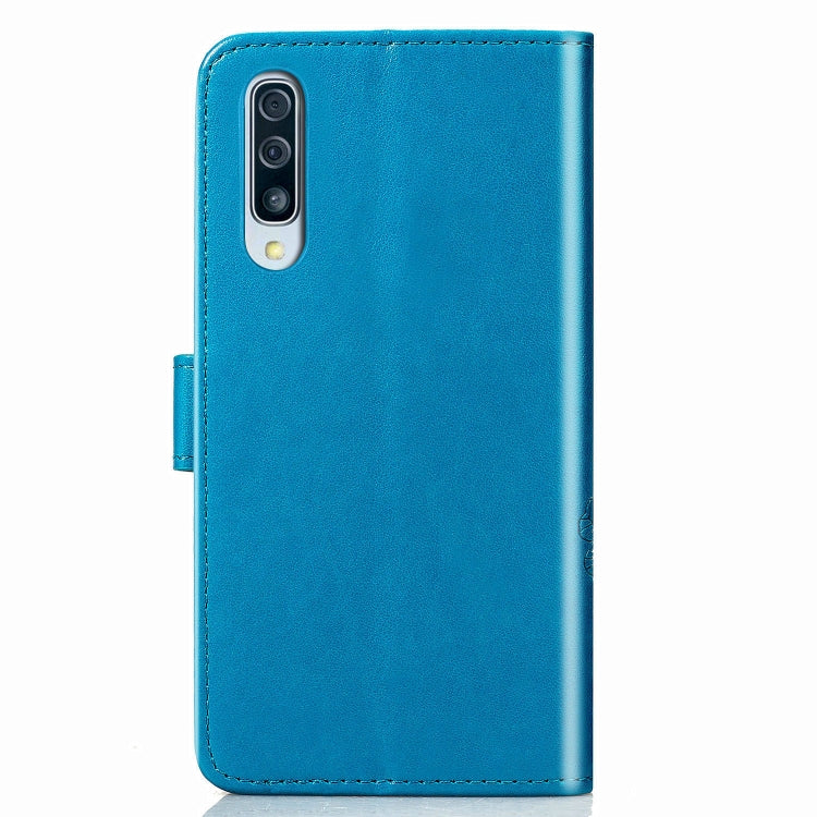 For Galaxy A50S Four-leaf Clasp Embossed Buckle Mobile Phone Protection Leather Case with Lanyard & Card Slot & Wallet & Bracket Function