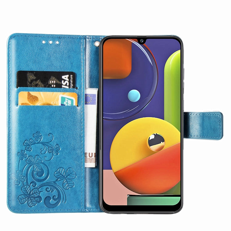 For Galaxy A50S Four-leaf Clasp Embossed Buckle Mobile Phone Protection Leather Case with Lanyard & Card Slot & Wallet & Bracket Function