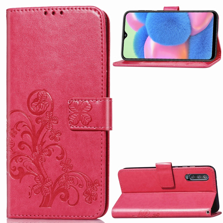 For Galaxy A30S Four-leaf Clasp Embossed Buckle Mobile Phone Protection Leather Case with Lanyard & Card Slot & Wallet & Bracket Function