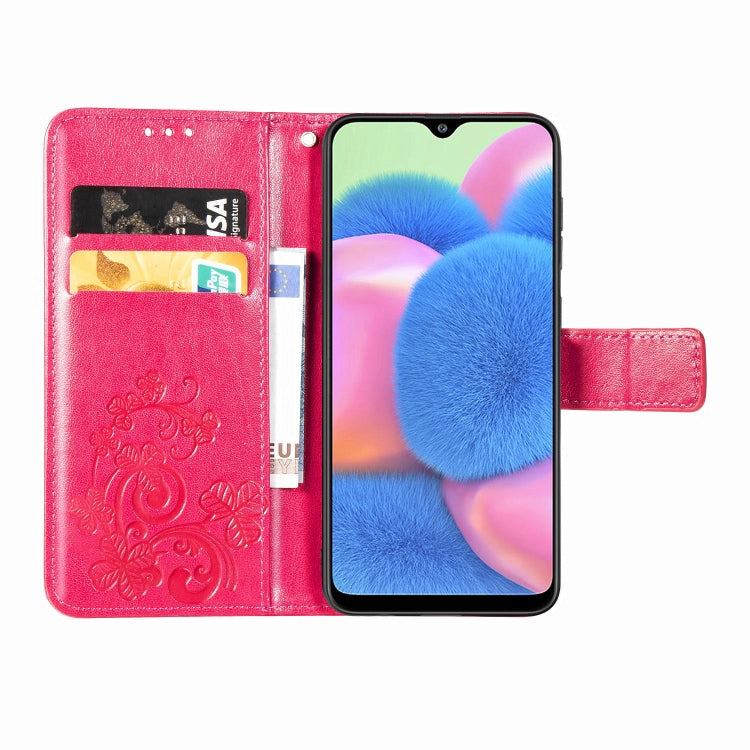 For Galaxy A30S Four-leaf Clasp Embossed Buckle Mobile Phone Protection Leather Case with Lanyard & Card Slot & Wallet & Bracket Function