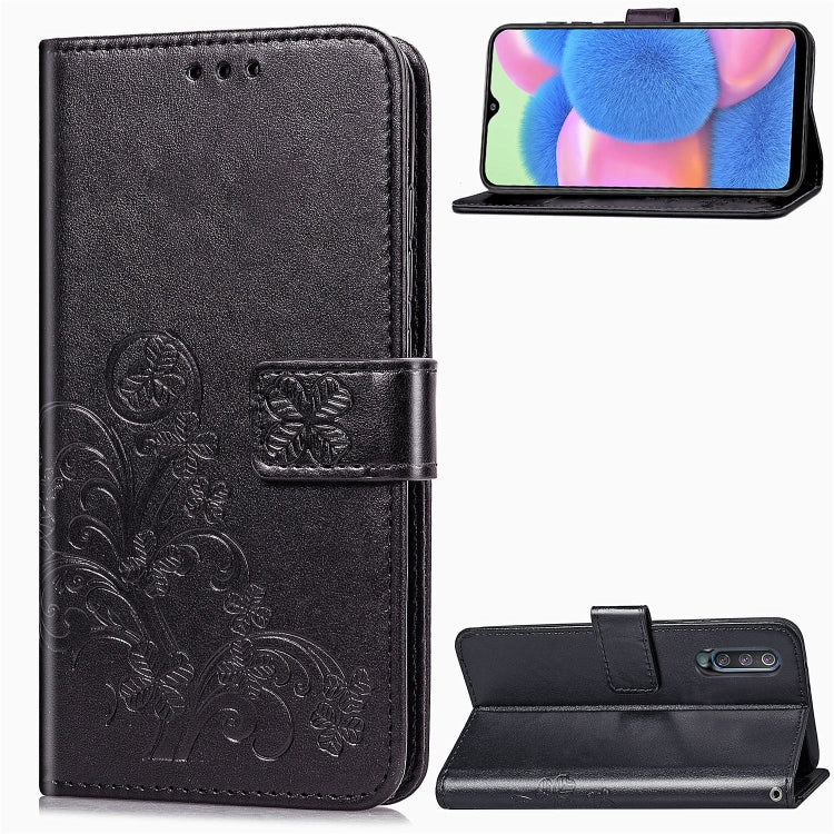 For Galaxy A30S Four-leaf Clasp Embossed Buckle Mobile Phone Protection Leather Case with Lanyard & Card Slot & Wallet & Bracket Function