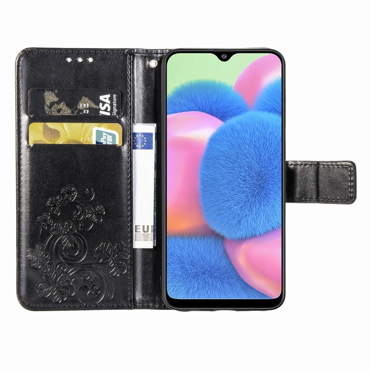 For Galaxy A30S Four-leaf Clasp Embossed Buckle Mobile Phone Protection Leather Case with Lanyard & Card Slot & Wallet & Bracket Function