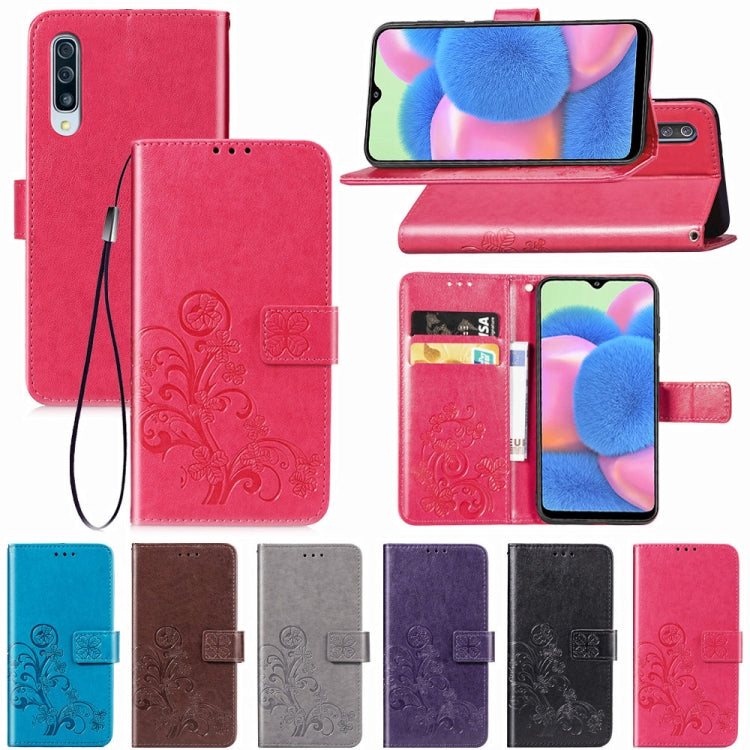 For Galaxy A30S Four-leaf Clasp Embossed Buckle Mobile Phone Protection Leather Case with Lanyard & Card Slot & Wallet & Bracket Function