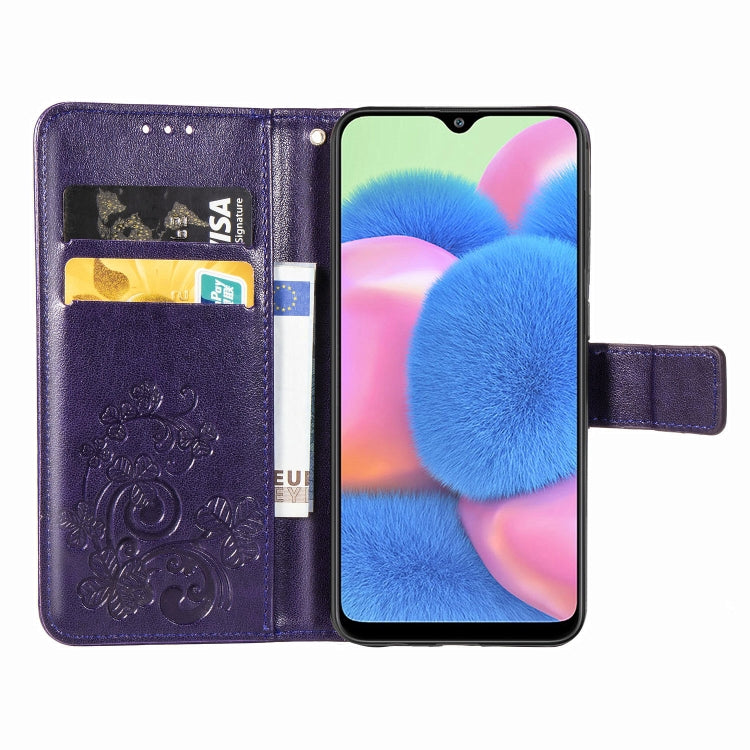 For Galaxy A30S Four-leaf Clasp Embossed Buckle Mobile Phone Protection Leather Case with Lanyard & Card Slot & Wallet & Bracket Function