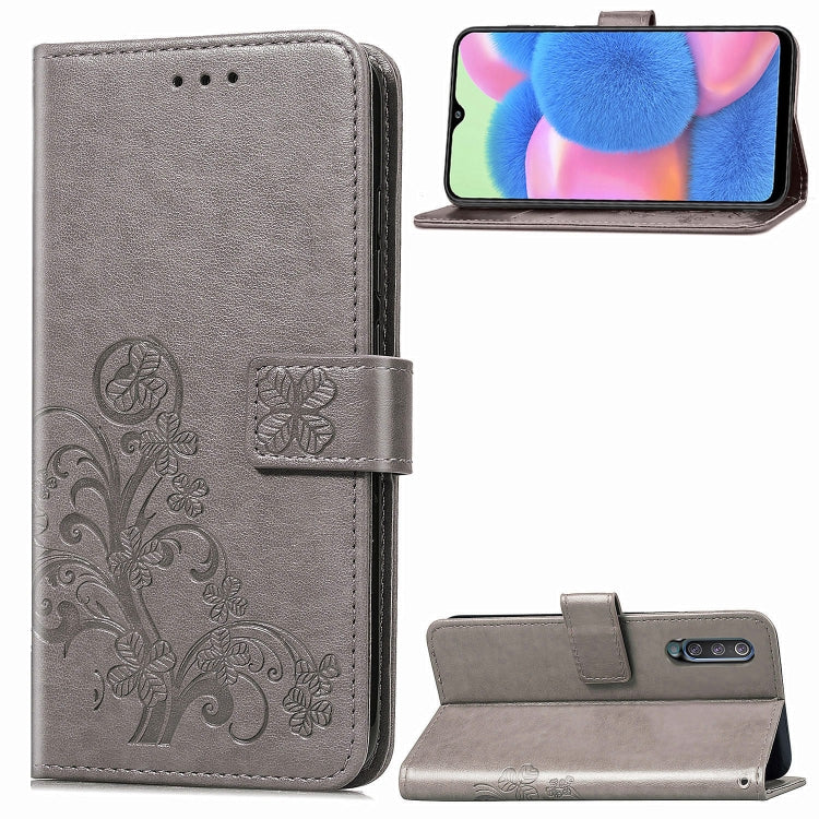 For Galaxy A30S Four-leaf Clasp Embossed Buckle Mobile Phone Protection Leather Case with Lanyard & Card Slot & Wallet & Bracket Function